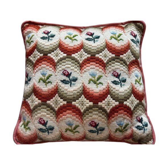 Needlepoint and crewel throw pillow orange flowers gray cream - Picture 1 of 6